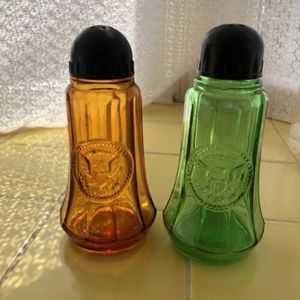 SALT & PEPPER SHAKERS * CROWNFORD CHINA 1966 ITALY * GREEN GLASS & Amber Glass